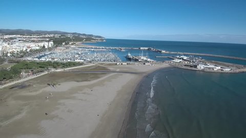 Aerial view in beach of Vilanova i la Geltru, Barcelona. Catalonia, Spain. 4k Drone Video