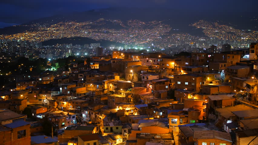 View of neighborhood "Comuna 13" Medellin Colombia at night 