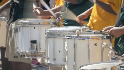 Drumline marching band drum corps drummers closeup loop