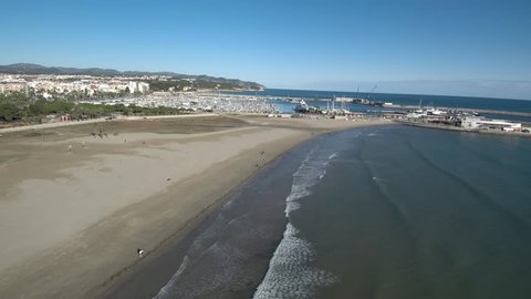 Aerial view in beach of Vilanova i la Geltru, Barcelona. Catalonia, Spain. 4k Drone Video