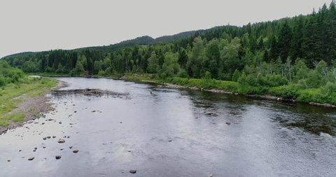 Aerial view over a Norwegian salmon river.