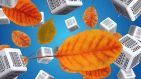 Autumn leaves and cubes with barcodes falling down. Sale concept. - Powered by Shutterstock - Get 15% off with code: PIKWIZARD15