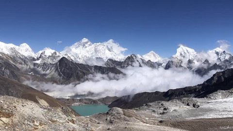 time lapse  at Renjo la pass shows cloud moving above Gokyo lake with beautiful mountain including Everest