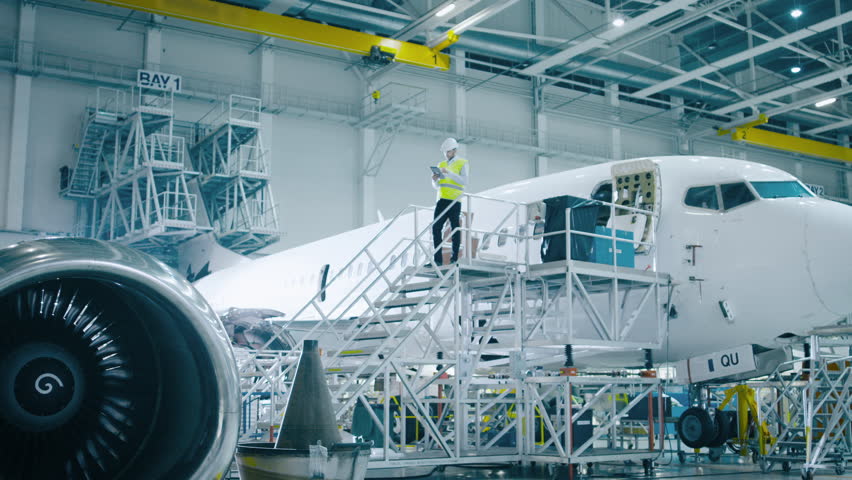 Concept of: In Hangar Engineer Holding Tablet Computer Standing On a Ramp Near Airplane Conducts Digitilized Maintenance Analysis. Animated Royalty-Free Stock Footage #1018788073