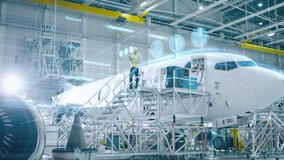 Concept of: In Hangar Engineer Holding Tablet Computer Standing On a Ramp Near Airplane Conducts Digitilized Maintenance Analysis. Animated - Powered by Shutterstock - Get 15% off with code: PIKWIZARD15
