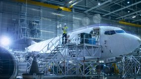Concept of: In Hangar Engineer Holding Tablet Computer Standing On a Ramp Near Airplane Conducts Digitilized Maintenance Analysis. Animated - Powered by Shutterstock - Get 15% off with code: PIKWIZARD15