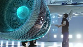 Concept of: Visualization Of Futuristic Airplane Engine Maintenance Conducted by Engineer Holding Tablet Computer. Animation of Digitalization of Analytics Checking Optimal Functioning of the Plane. - Powered by Shutterstock - Get 15% off with code: PIKWIZARD15