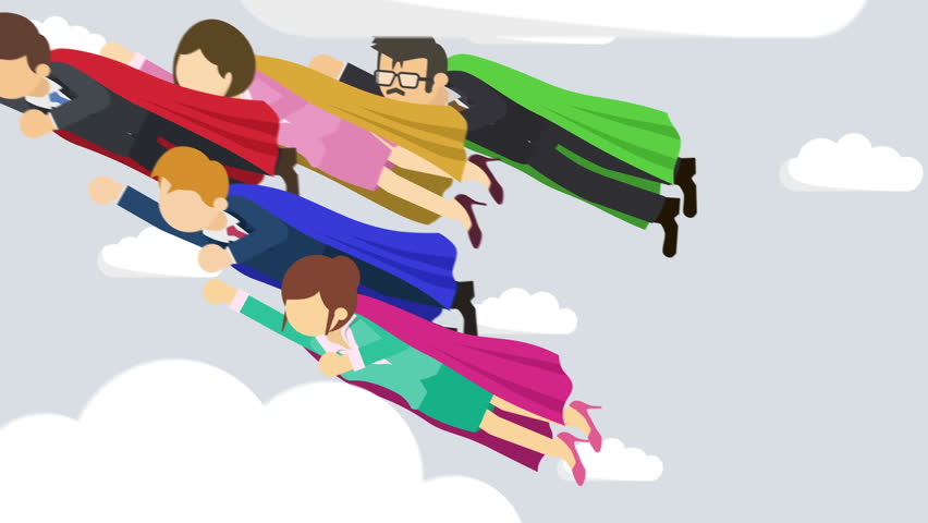 Super Hero business team flying in suit and red cape. Leadership and achievement concept. Loop illustration in flat style. Royalty-Free Stock Footage #1018794946