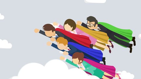 Super Hero business team flying in suit and red cape. Leadership and achievement concept. Loop illustration in flat style.