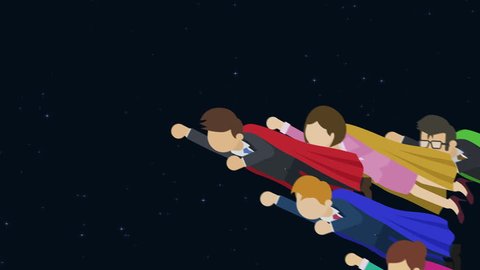 Super Hero business team flying in suit and red cape. Leadership and achievement concept. Loop illustration in flat style.