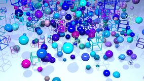 set of spheres and cubes descend then rise varying in scale. 4k looped composition of simple geometric objects.