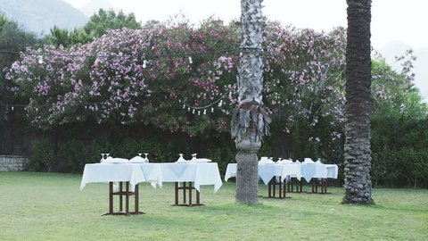 Tables, served for dinner on green lawn. Open air mediterranean meal under palms. Dinner on seaside.