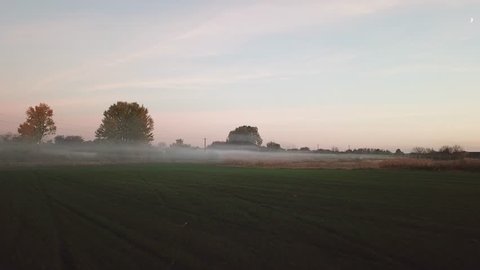 Fog over the evening field. Top view