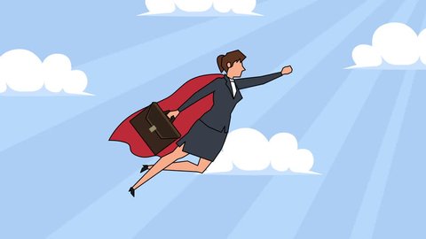 Flat cartoon businesswoman character with case bag flying superhero with red cloak success concept animation