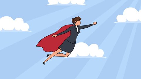 Flat cartoon businesswoman character flying superhero with red cloak success concept animation