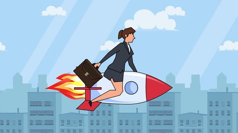 Flat cartoon businesswoman character with case bag  fly on rocket startup concept animation