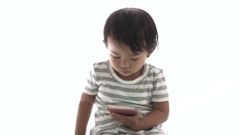 little girl communicate with video call smartphone seriously, invite talking
