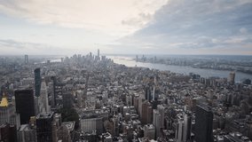 New York City Manhattan aerial panorama cityscape- the transition from Day to Night video. Aerial video timelapse