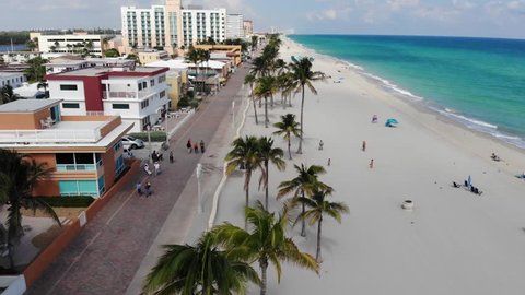 Hollywood beach ocean boardwalk near Miami, Florida aerial view