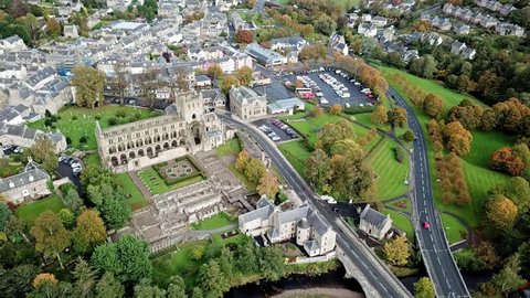 Aerial view if Jedburgh with the ruins of Jedburgh Abbey in Scotland - United Kingdom