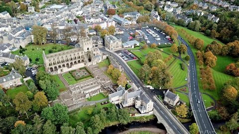 Aerial view if Jedburgh with the ruins of Jedburgh Abbey in Scotland - United Kingdom