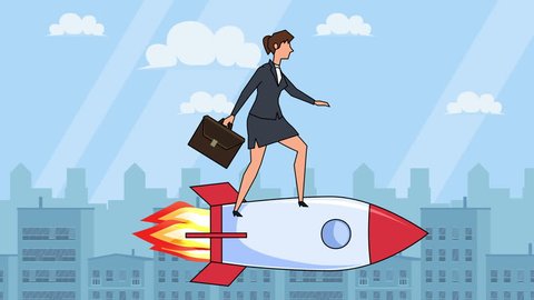 Flat cartoon businesswoman character with case bag  fly on rocket startup concept animation