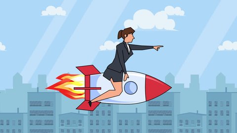Flat cartoon businesswoman character fly on rocket startup concept animation