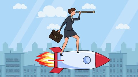 Flat cartoon businesswoman character with case bag and looks through spyglass fly on rocket startup concept animation