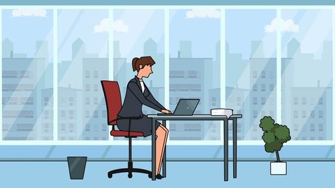 Flat cartoon businesswoman character working on laptop in office workplace animation