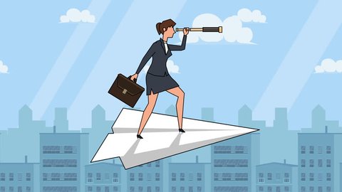 Flat cartoon businesswoman character with case bag and looks through spyglass flying on paper airplane animation