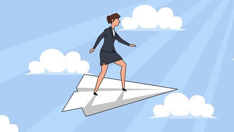 Flat cartoon businesswoman character flying on paper airplane animation