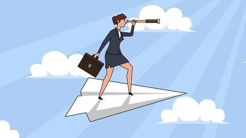 Flat cartoon businesswoman character with case bag and looks through spyglass flying on paper airplane animation