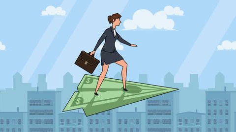 Flat cartoon businesswoman character with case bag flying on dollar paper airplane animation