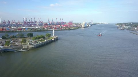 Hamburg Germany Altonaer Balkon Industrial harbor Aerial Footage Elbe River