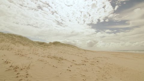 Pan of a beach near the ocean in Australia with cloudy natural lighting. Wide shot on 4k RED camera.