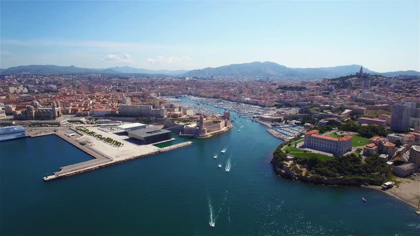 Aerial view of Marseille pier - Vieux Port, Saint Jean castle, and mucem in south of France

