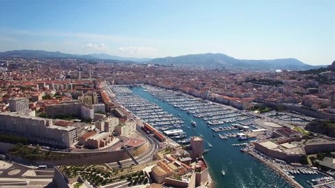 Aerial view of Marseille pier - Vieux Port, Saint Jean castle, and mucem in south of France

