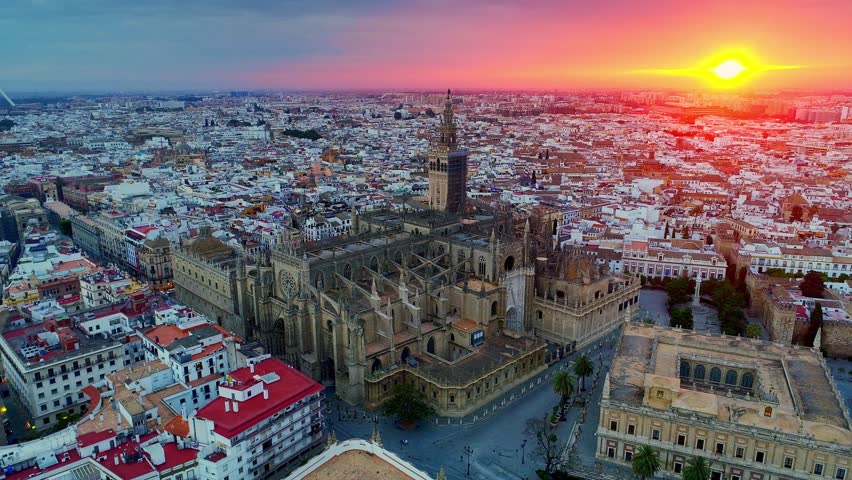 Sunrise aerial view of Seville Cathedral in Spain.