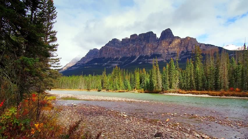 Tranquil scene at waterfront of Castle Mountain in Banff National Park, Canada.