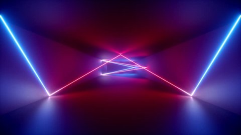 abstract background, neon rays inside tunnel, seamless corridor, glowing lines, fluorescent ultraviolet light, blue red pink purple spectrum, looped animation, 3d render