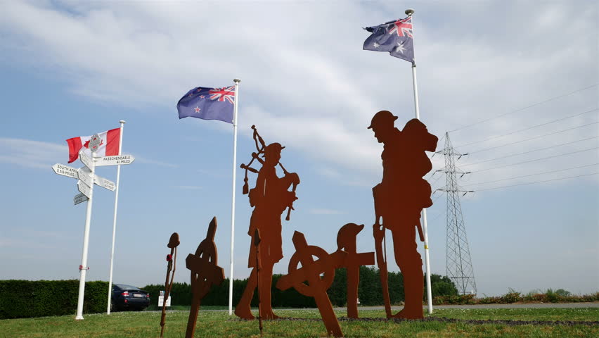World War One  places of remembrance in Belgium : Scottish and South African Memorial, soldiers silhouette 