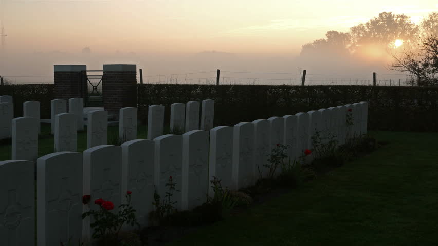 Places of World War One in Belgium: Plugstreet(Ploegsteert)  Wood , british military cemetery at sunrise
