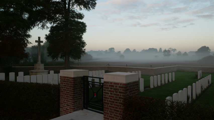 Places of World War One in Belgium: Plugstreet(Ploegsteert) Wood , british military cemetery at sunrise