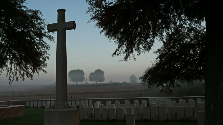 Places of World War One in Belgium: Plugstreet(Ploegsteert)  Wood , british military cemetery at sunrise