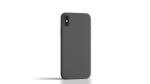 Blank black phone with matte case rotation, isolated, 3d rendering. Empty mobile in frosted cover mock up half-turning, back side view. Looped smartphone in bumper template.