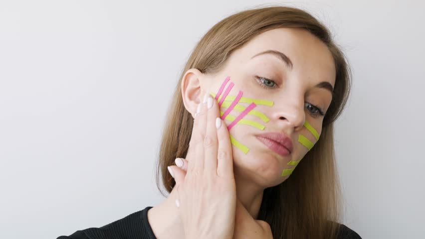 Young woman doing the taping of the face for rejuvenation and smoothing of wrinkles | Shutterstock HD Video #1018898557