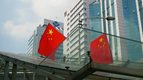 SHENZHEN, CHINA  - OCTOBER 2, 2017: sunny day shenzhen city downtown buildings national flags decoration view 4k circa october 2 2017 shenzhen, china.
