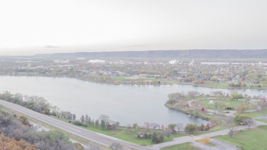 A Wide Angle Twilight Shot of Rural Winona, Minnesota and the Surrounding Driftless Region Landscape and Mississippi River 4K Timelapse
