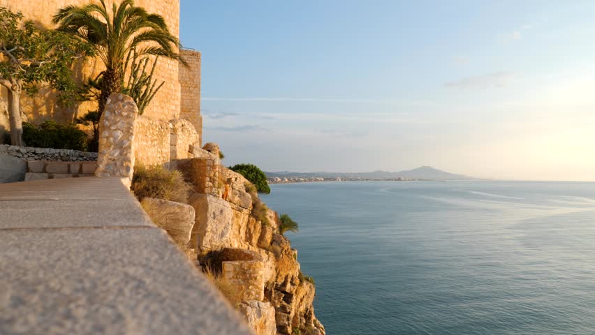 View of the Benicarló bay from the citadel ramparts of the castle of Peniscola in Spain in the early morning