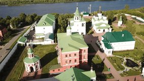Aerial view of  russian landmark Spaso-Preobrazhensky monastery and river, Murom
